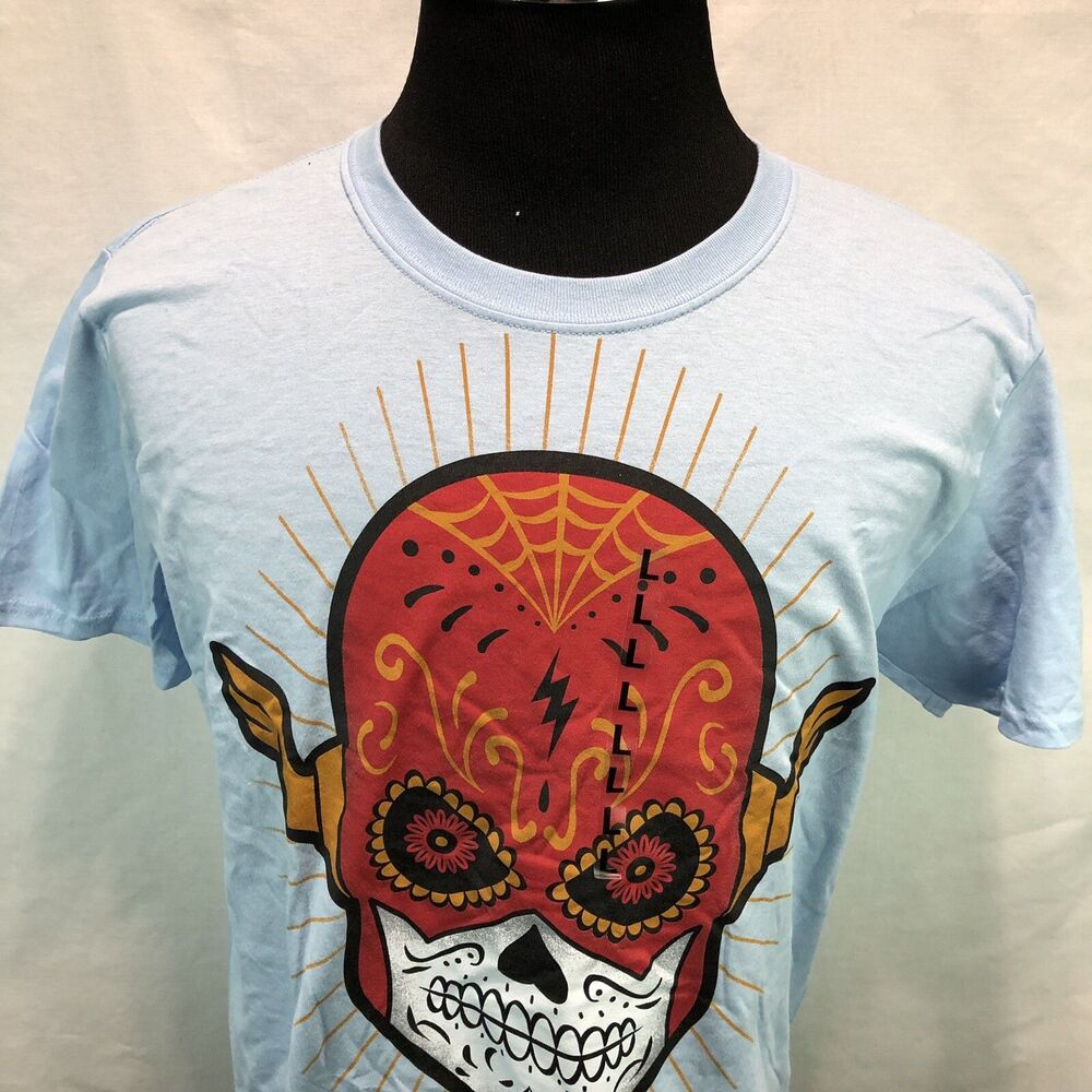 NEW NWT DC Comics The Flash Sugar Skull Light Blue 100% Cotton T-Shirt Large E15